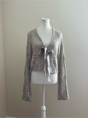 Light Gray Crochet Tie-Front Women’s Sweater